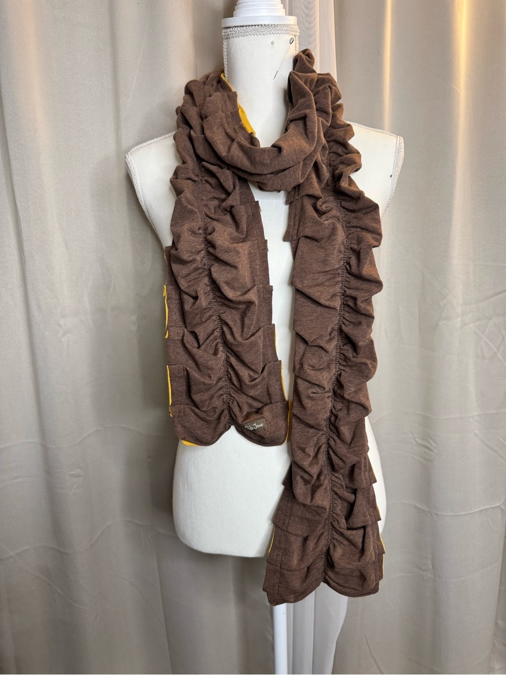 Matilda Jane Chocolate Brown Ruffle Jersey Scarf Mustard Reverse 7x85 Boho